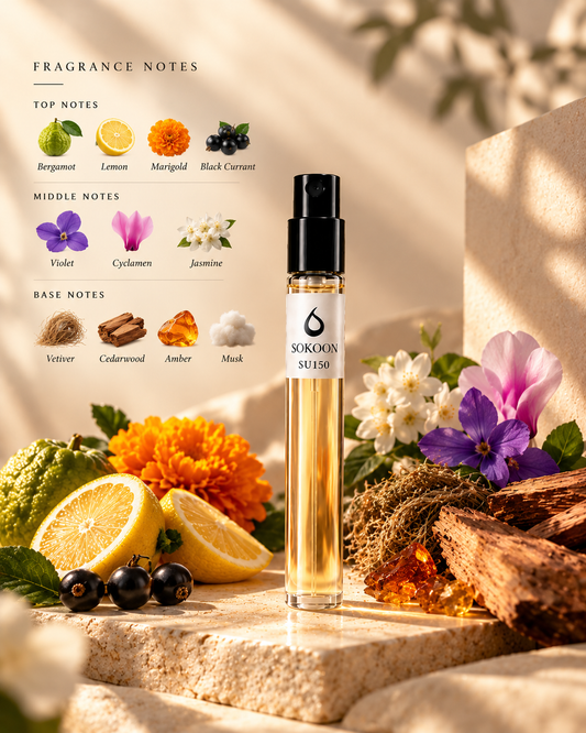 A clear glass perfume spray bottle labeled SOKOON stands on a stone surface surrounded by citrus slices, flowers, bark, and dried botanicals. To the left is a fragrance notes graphic with citrus, purple, white, amber, and musk illustrations and text.