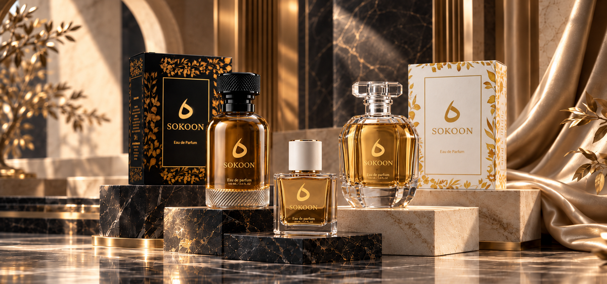 Three SOKOON fragrance bottles and two matching boxes arranged on black and gold marble pedestals in an ornate luxury setting with draped fabric and reflective surfaces.