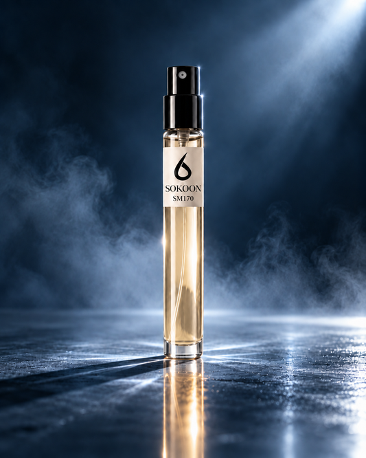 A clear cylindrical perfume spray bottle with a black atomizer cap, filled with pale golden liquid. The bottle has a white label with the brand name 'SOKOON' and text 'SM170'.
