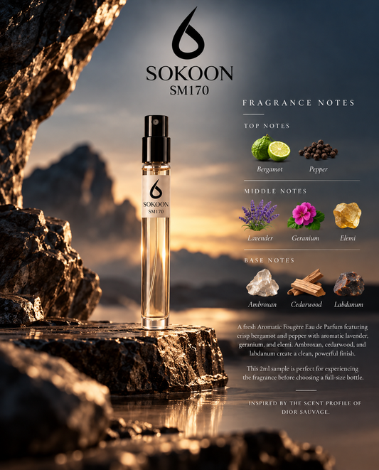 A clear glass perfume sample bottle with a black spray top stands on a rock against a mountain landscape at sunset. The image includes the product name SOKOON SM170, fragrance notes, and a short scent description printed on the bottle and beside it.