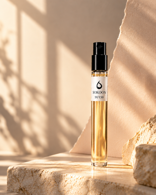 A clear glass perfume roller bottle with amber liquid, a black spray top, and a white label reading SOKOON, standing on a stone surface with warm sunlight and shadow patterns.