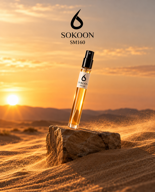 A clear glass perfume spray bottle filled with golden amber liquid stands upright on a rock in a desert landscape at sunset. The bottle has a black spray top and a white label with the brand name SOKOON and SM160.