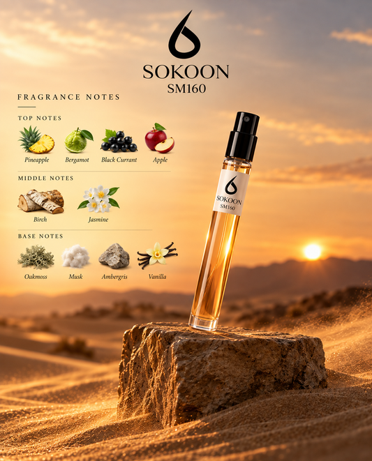 A clear glass perfume spray bottle with amber liquid and a black atomizer cap stands on a rock in a desert landscape at sunset. The left side includes fragrance notes text and icons for pineapple, bergamot, black currant, apple, bark, jasmine, oudoor, sandalwood, ambrette, and vanilla.